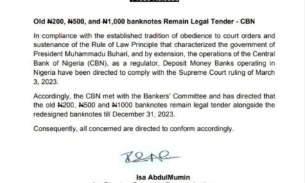 The Central Bank of Nigeria (CBN) on Monday said old N200, N500, and N1,000 banknotes remain legal tender